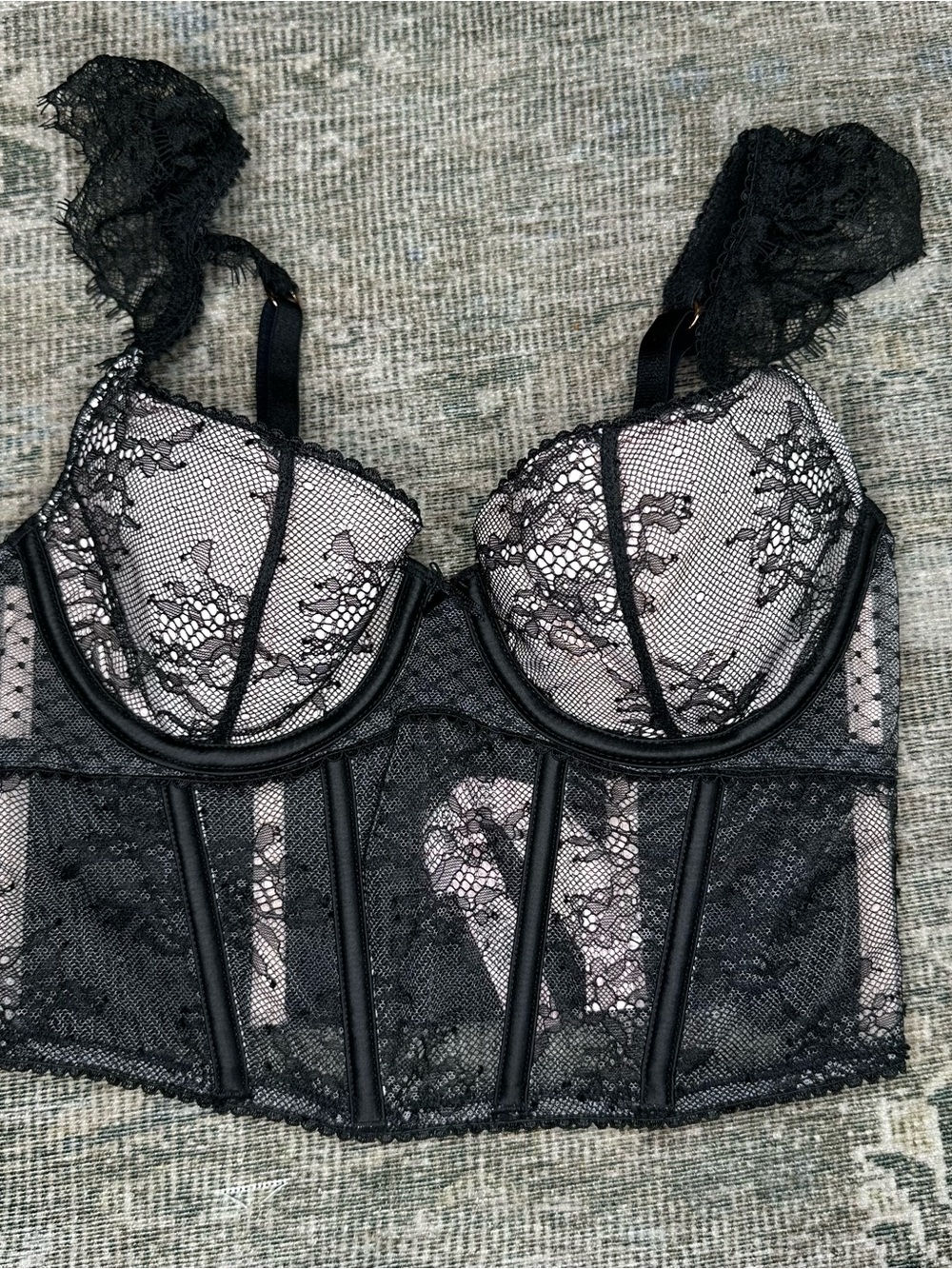 NWT Victoria's Secret Dream Angels Lace Cap-Sleeve Corset Top Size XS Black Pink